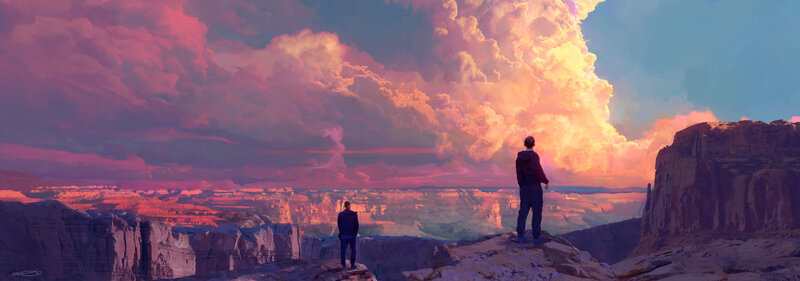 Two People on a Cliff — Pink