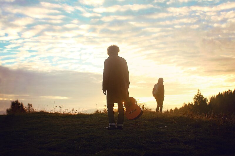 Two People on a Hill — Blue, Serene, Sunset