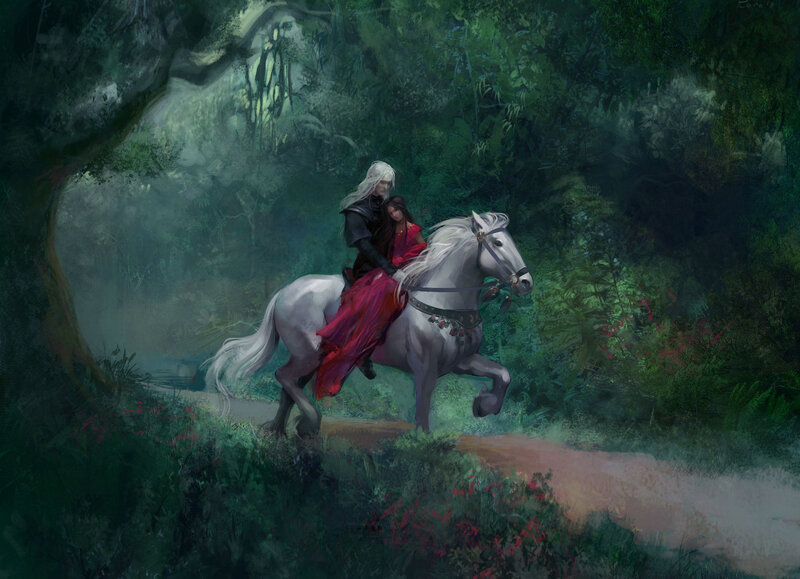 Two People on a Horse — Green, Serene, Night