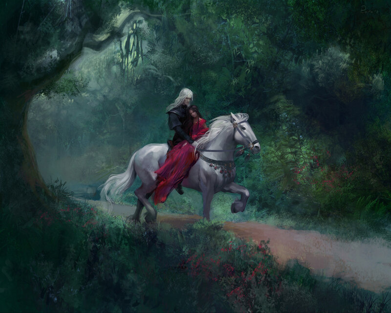 Two People on a Horse — Green, Serene