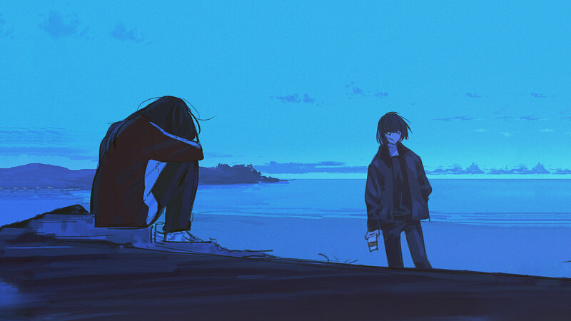 Two People on a Pier — Blue, Melancholic
