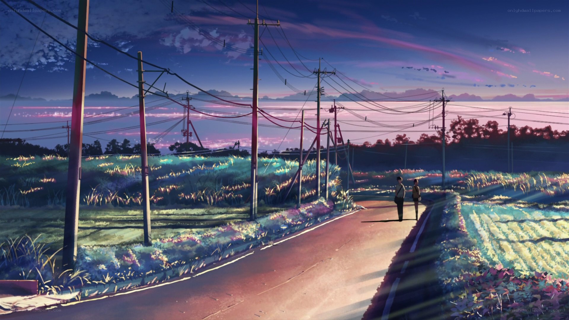Two people on a road at dusk