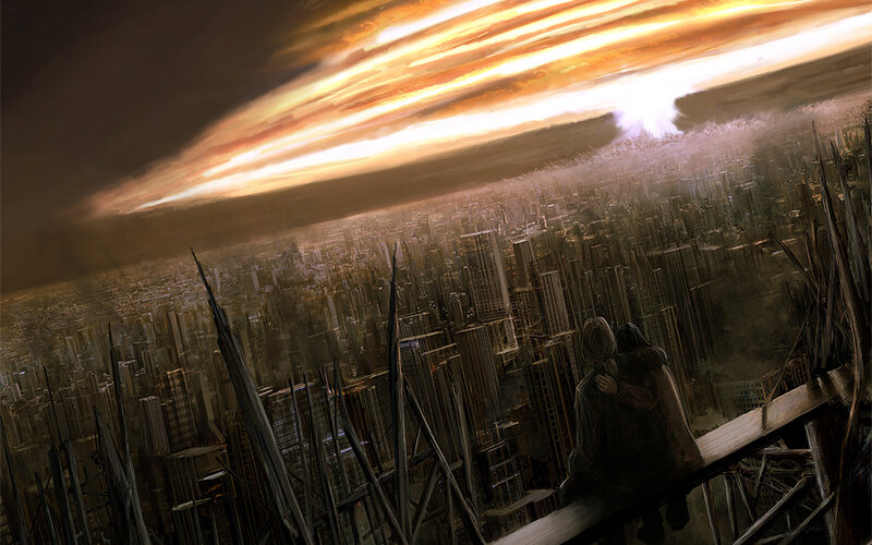 Two People on a Rooftop — Brown, Dramatic, Sunset, Digital Art