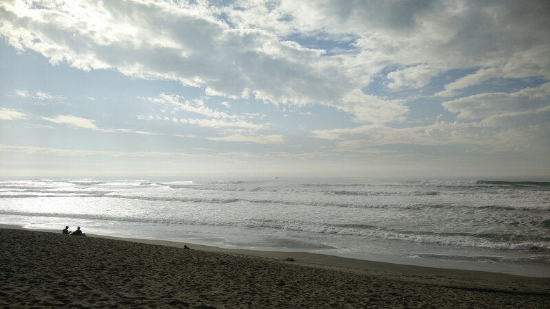 Two People on Beach — Blue, Calm, Morning