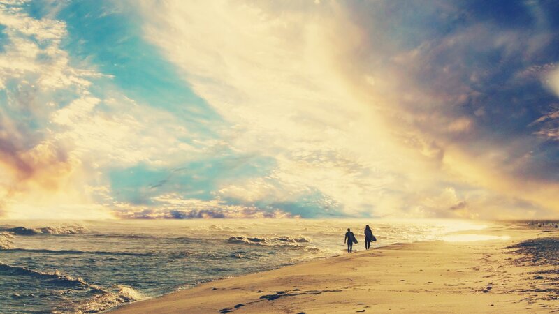 Two People on Beach — Blue, Dramatic, Sunset, Photograph, Ocean, Sky, Clouds