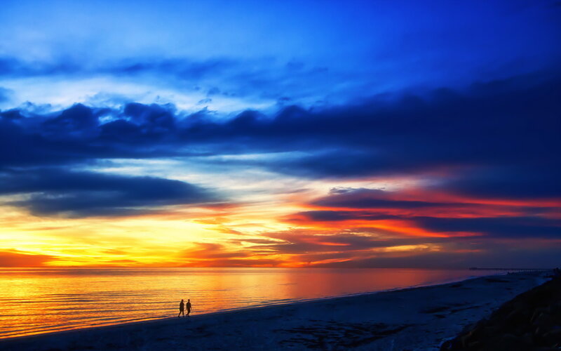 Two People on Beach — Blue, Dramatic, Sunset, Photograph, Ocean