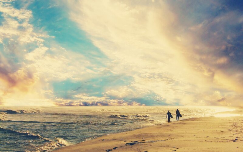 Two People on Beach — Blue, Dramatic, Sunset, Photograph