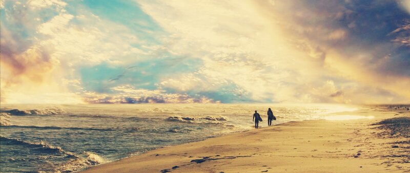 Two People on Beach — Blue, Serene, Sunset, Photograph, Ocean