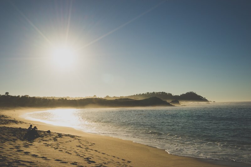 Two People on Beach — Blue, Serene, Sunset, Photograph