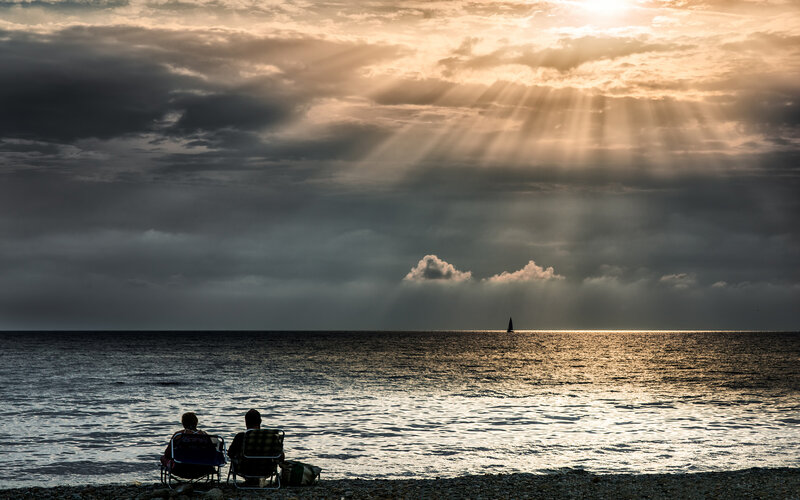 Two People on Beach — Gray, Dramatic
