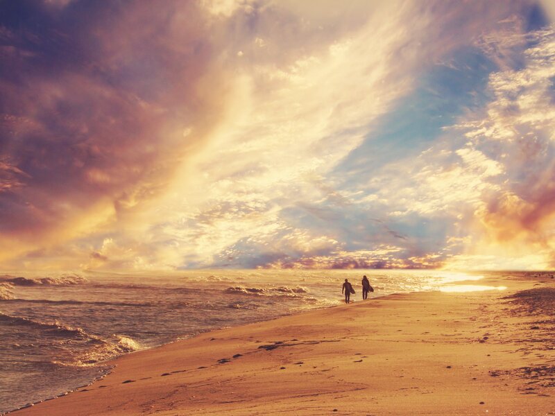 Two People on Beach — Orange, Dramatic, Sunset, Photograph