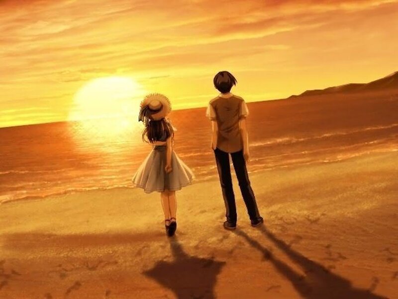 Two People on Beach — Orange, Serene, Sunset, Anime