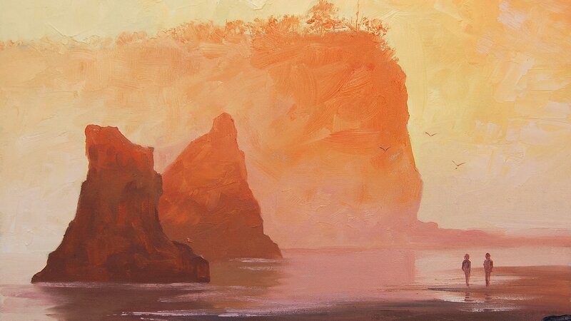 Two People on Beach — Orange, Serene, Sunset, Painting