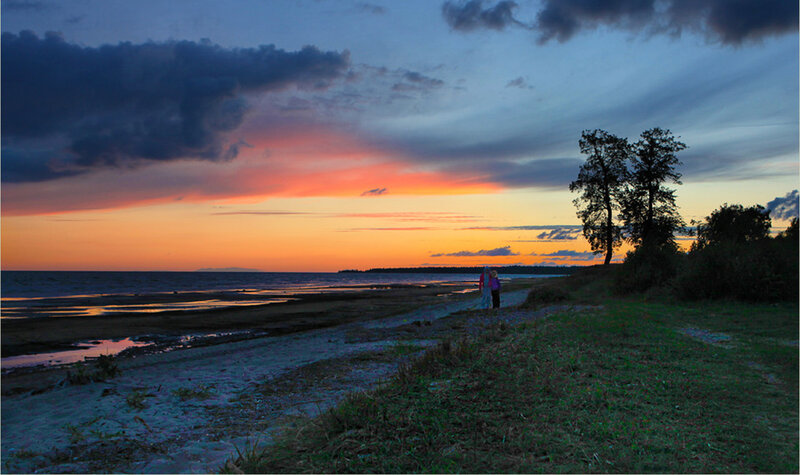 Two People on Beach — Orange, Serene, Sunset, Photograph, Trees