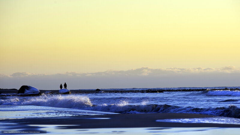 Two People on Beach — Yellow, Serene, Sunset, Photograph