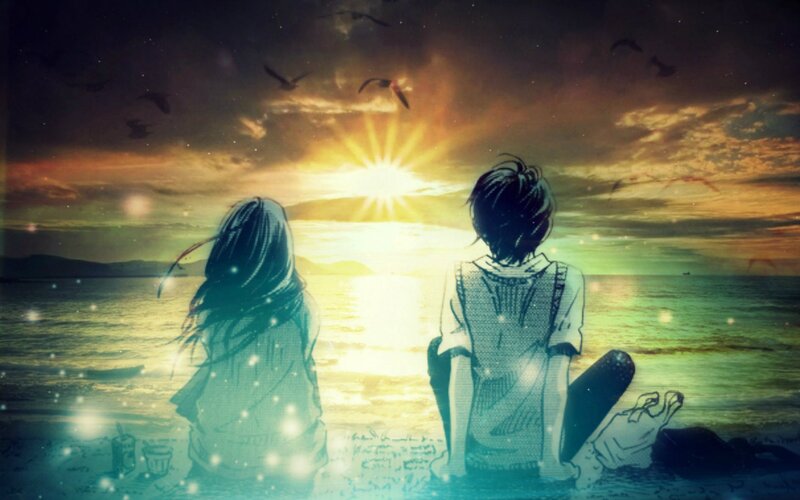 Two People on Beach — Yellow, Serene, Sunset