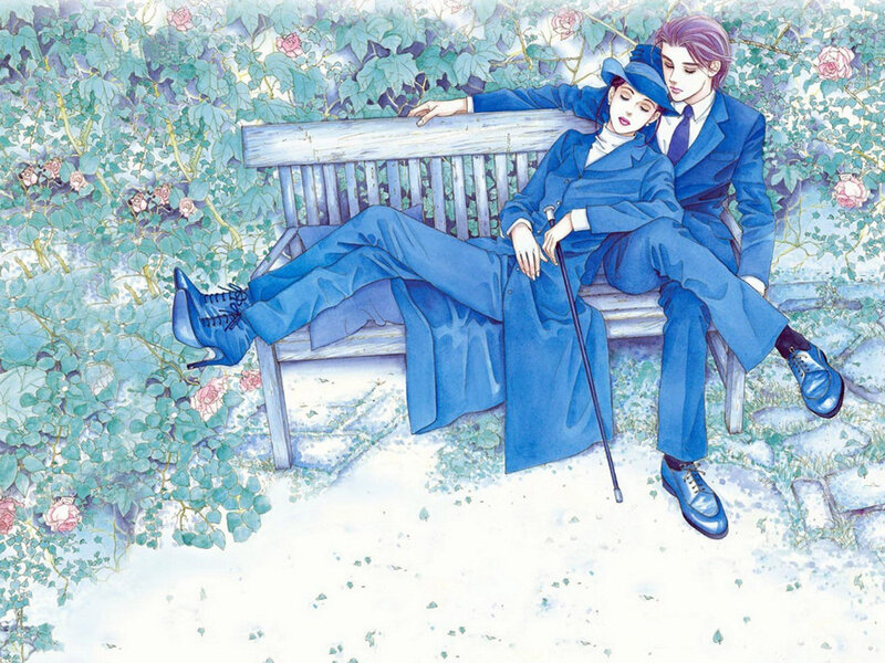 Two People on Bench — Blue, Serene
