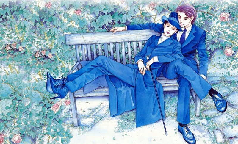 Two People on Bench — Blue