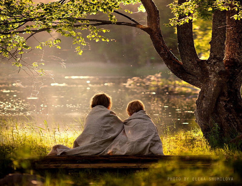 Two People on Bench — Green, Serene, Sunset