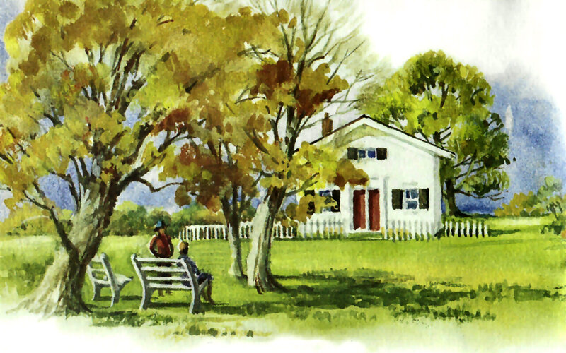 Two People on Bench — Green, Serene