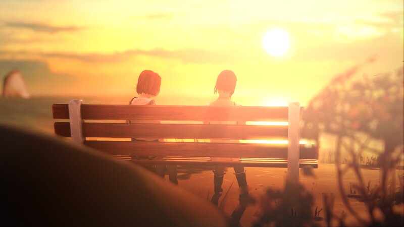 Two People on Bench — Orange
