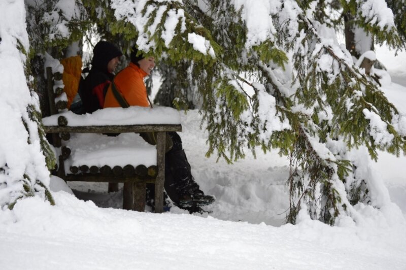 Two People on Bench — White