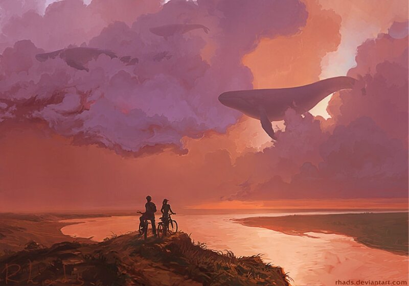 Two People on Bicycles — Purple, Dramatic