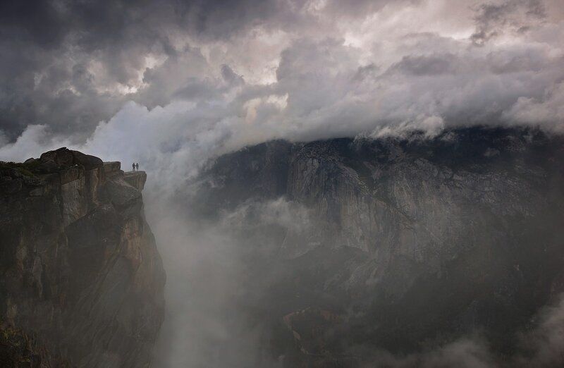 Two People on Cliff Edge — Gray