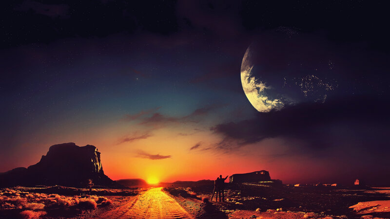 Two People on Desert Road — Orange, Dramatic