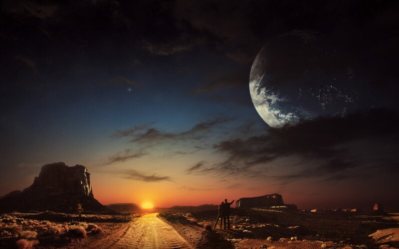 Two People on Desert Road — Orange