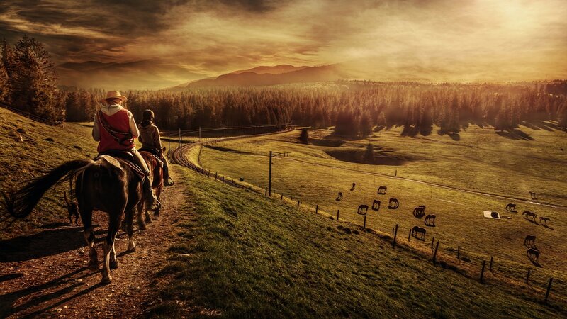 Two People on Horseback — Golden