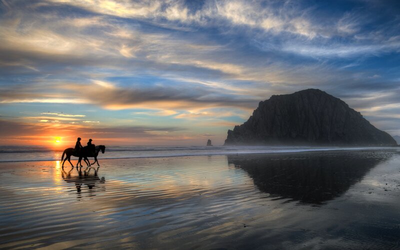 Two People on Horses — Blue, Serene, Sunset