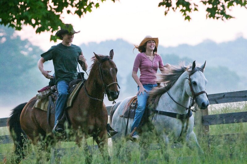 Two People on Horses — Green, Serene, Afternoon