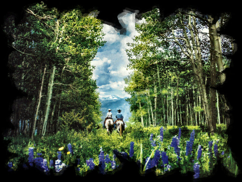 Two People on Horses — Green, Serene