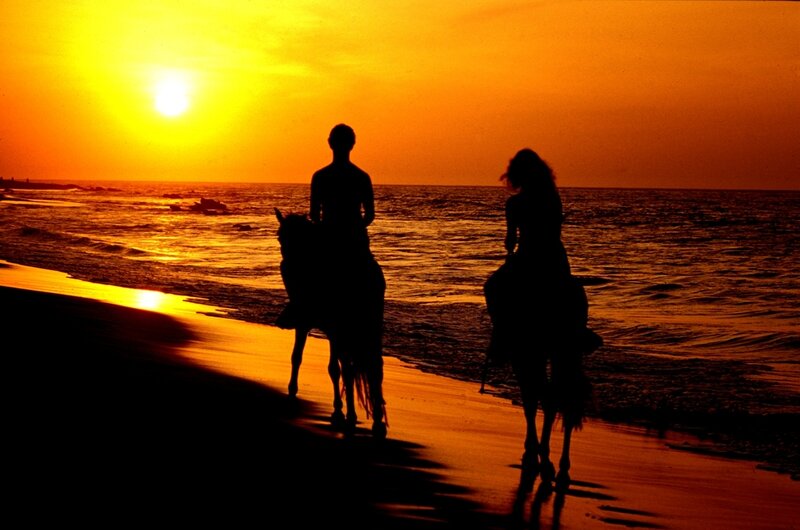 Two People on Horses — Orange, Serene, Sunset