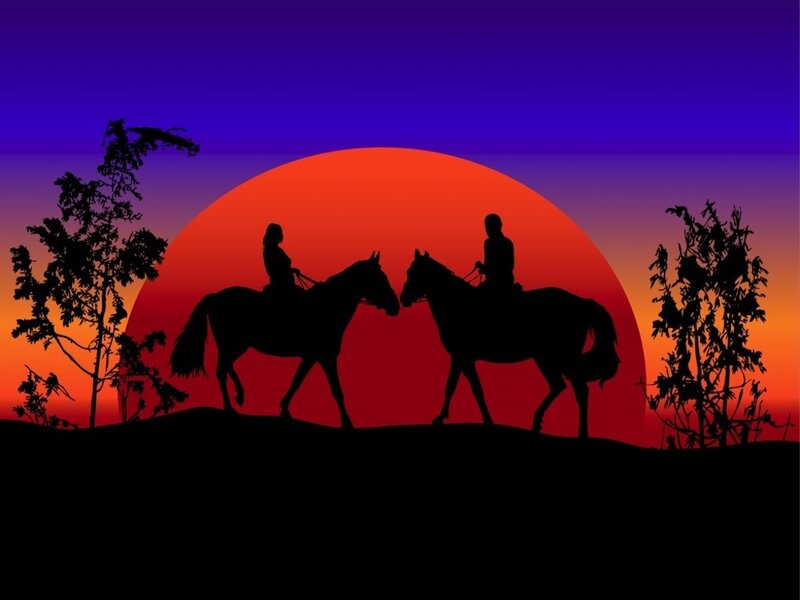 Two People on Horses — Red