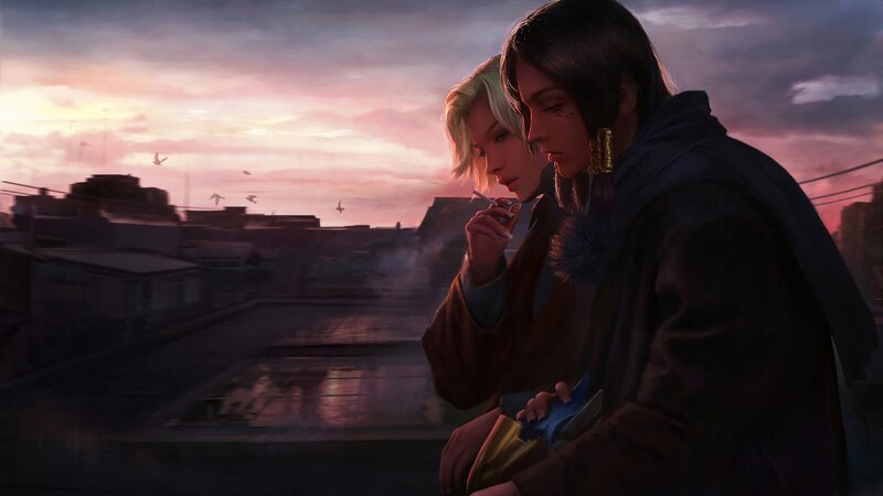 Two People on Rooftop — Purple, Dramatic