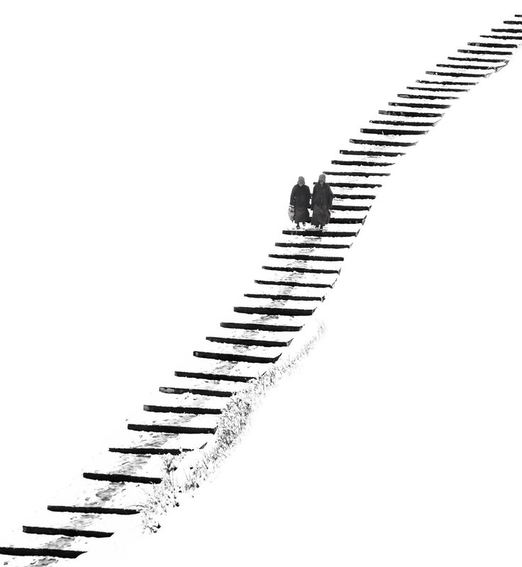 Two People on Stairs — Black, Minimalist