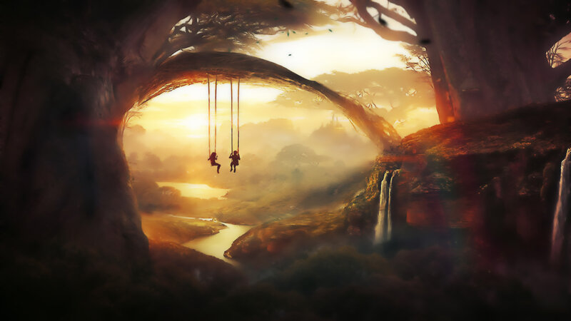 Two People on Swings — Gold