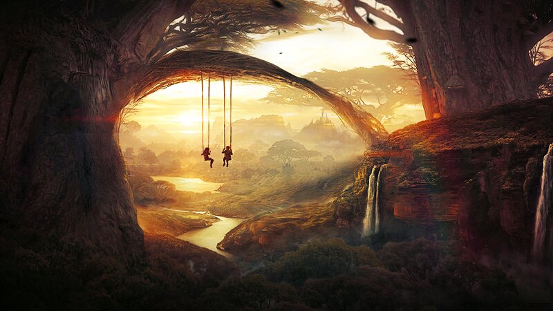 Two People on Swings — Golden