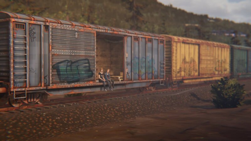 Two People on Train Car — Brown