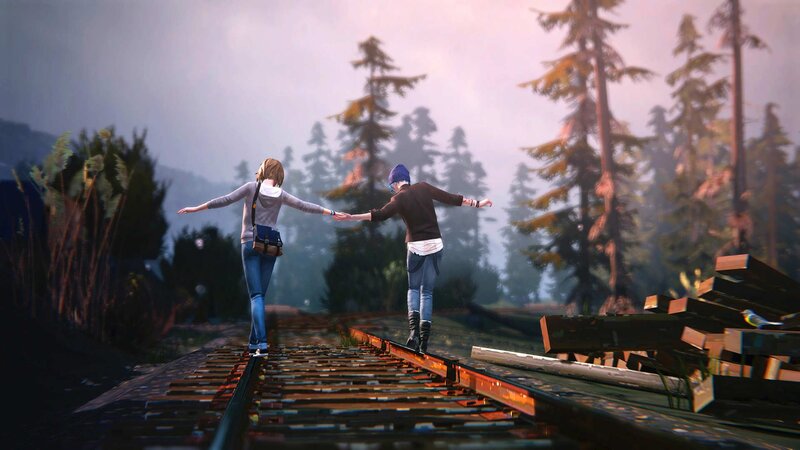 Two People on Train Tracks — Green, Serene, Sunset