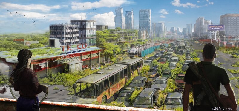 Two People Overlooking City — Green