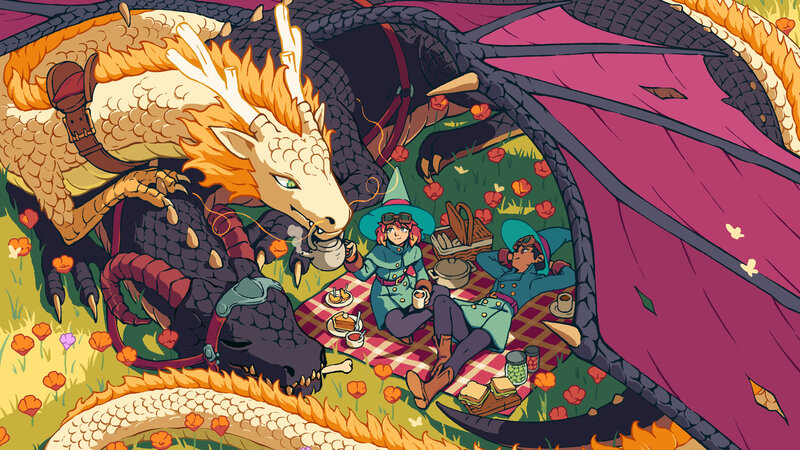 Two People Picnicking with Dragons