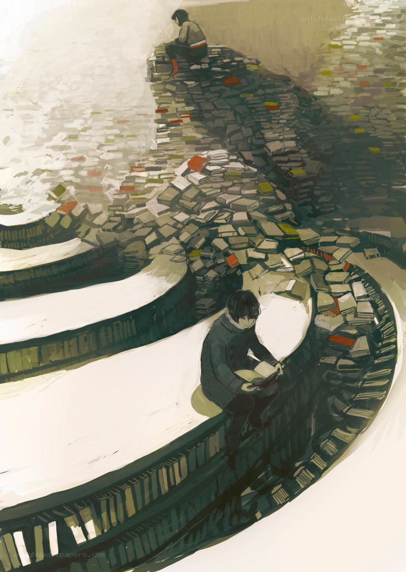 Two people reading on book stairs