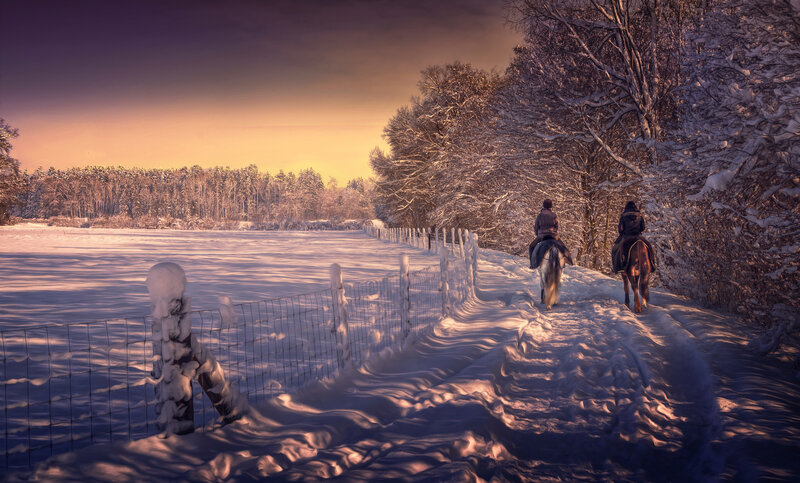 Two People Riding Horses — White