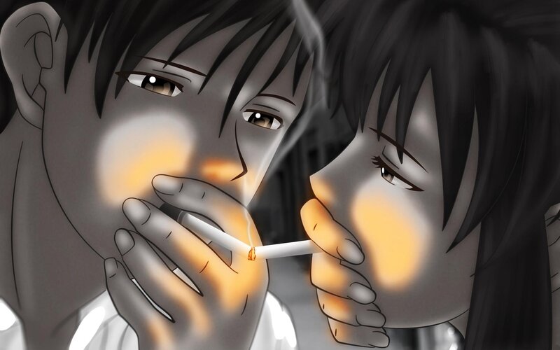 two people sharing a cigarette
