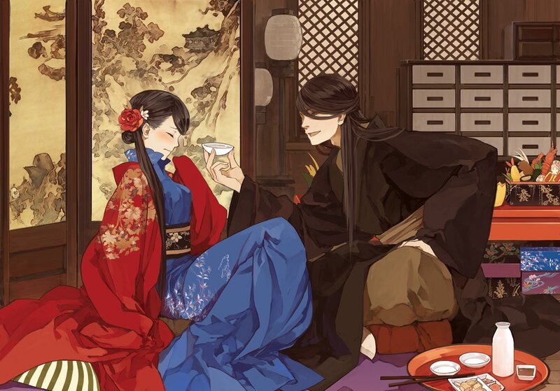 Two people sharing tea in a traditional room
