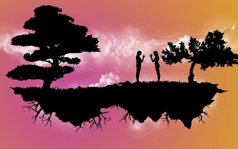Two People Silhouetted — Pink, Dramatic