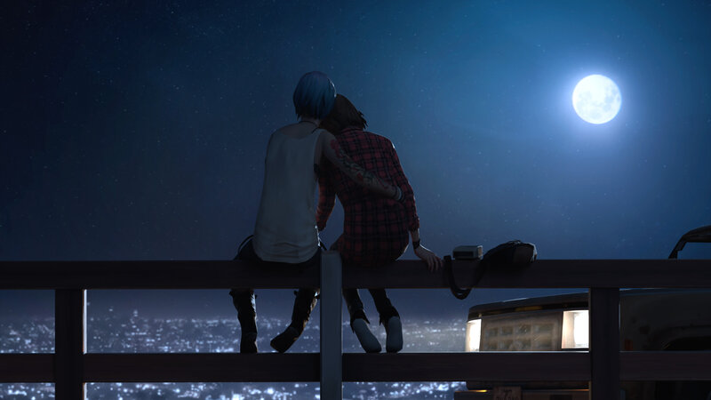 Two People Sitting on Railing — Blue